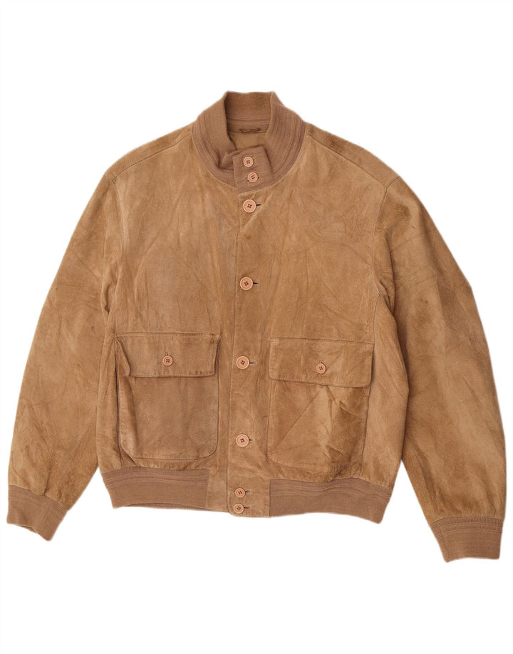 Jaqueta bomber de camurça masculina vintage EU 48 couro bege médio