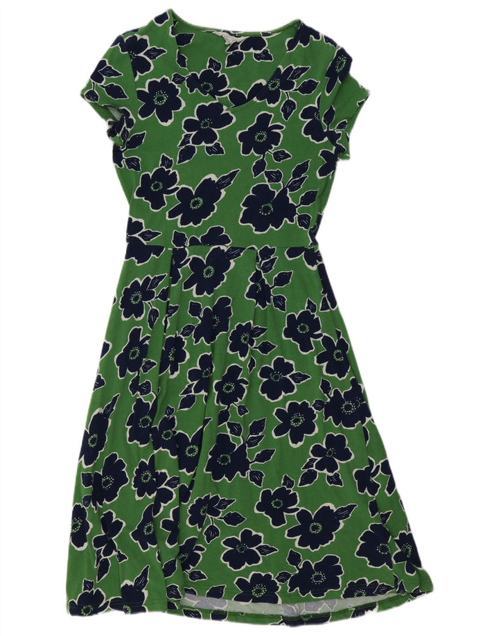 SEASALT CORNWALL Vestido feminino evasê Reino Unido 10 pequeno algodão floral verde