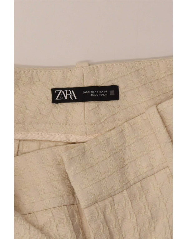 Zara Calça feminina de cintura alta pequena W26 L27 Bege Houndstooth