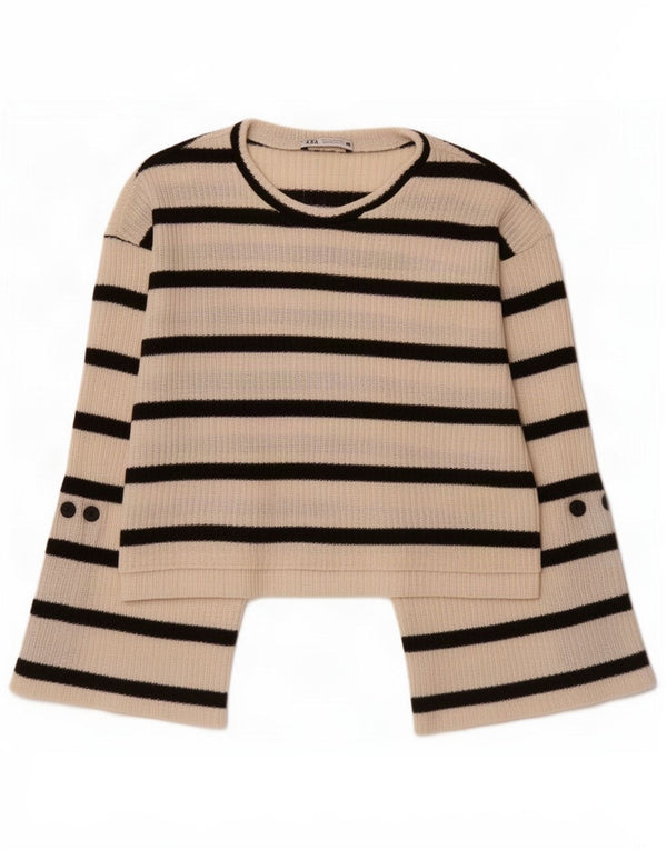Suéter feminino Zara com gola canoa e gola redonda UK 10 pequeno listrado branco