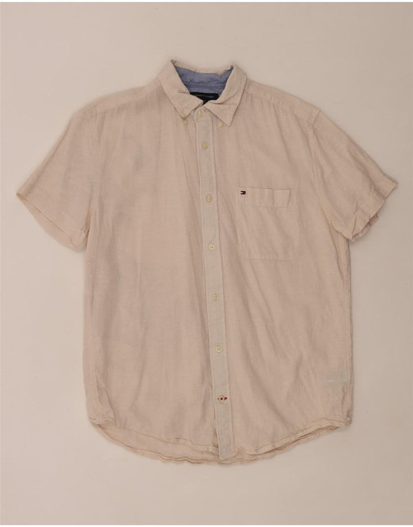 Tommy Hilfiger Camisa masculina de manga curta regular fit grande linho bege