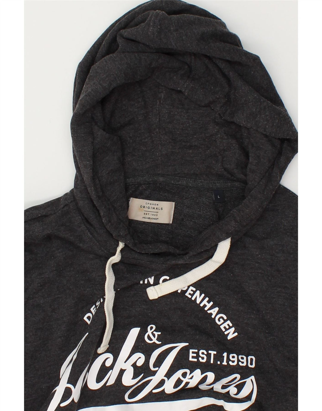 JACK & JONES Mens Graphic Hoodie Jumper Large Grey Flecked Cotton Vintage Jack & Jones and Second-Hand Jack & Jones from Messina Hembry 