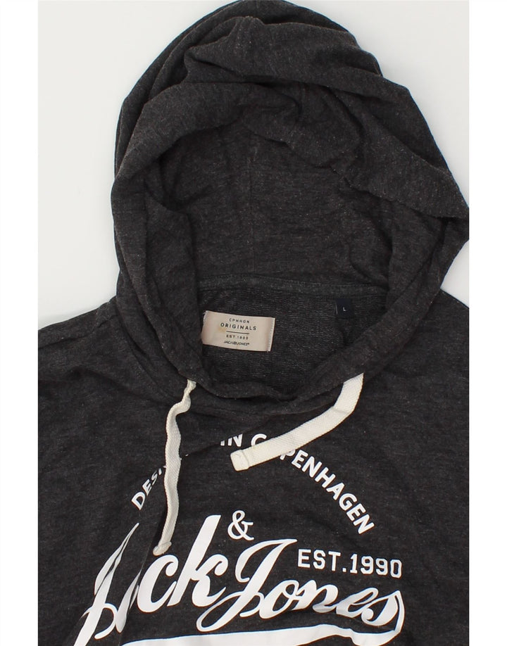 JACK & JONES Mens Graphic Hoodie Jumper Large Grey Flecked Cotton Vintage Jack & Jones and Second-Hand Jack & Jones from Messina Hembry 