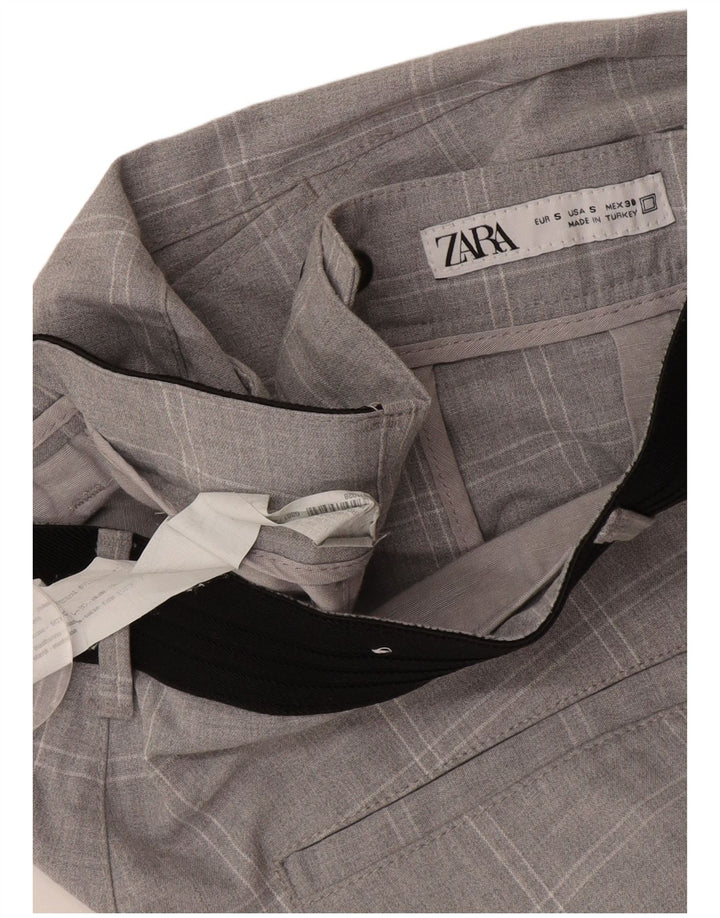 ZARA Mens Slim Chino Calças Pequenas W30 L29 Cinza Check Poliéster