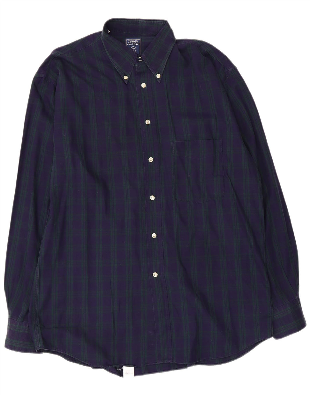 Camisa masculina de flanela Trussardi tamanho 41 grande algodão xadrez azul marinho