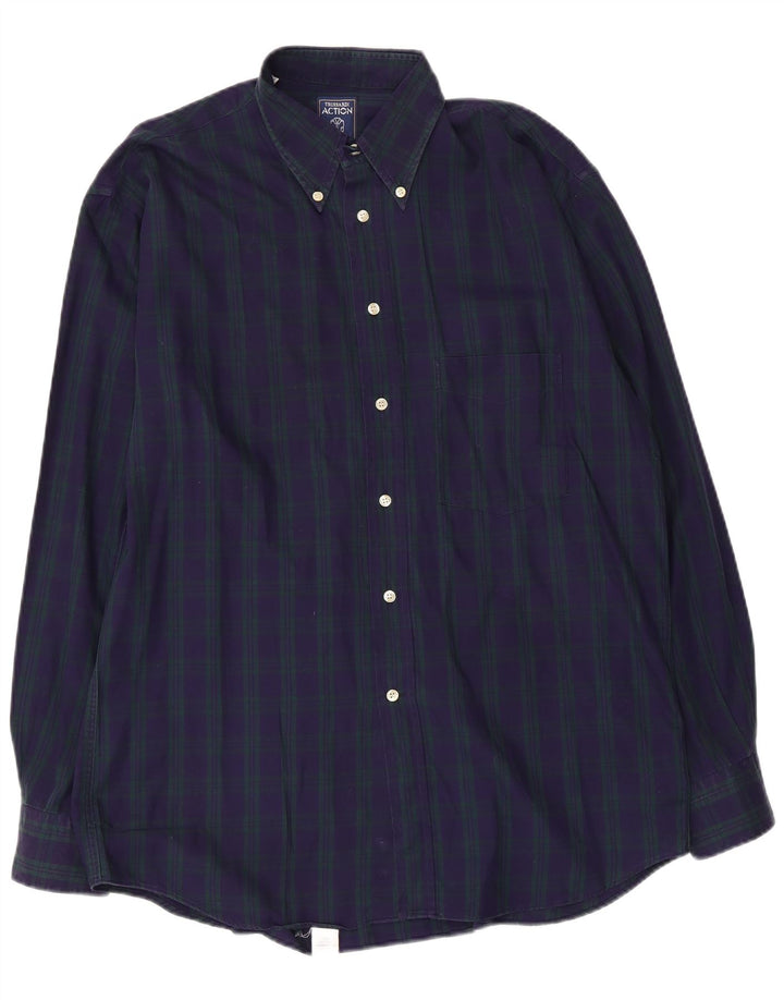 Camisa masculina de flanela Trussardi tamanho 41 grande algodão xadrez azul marinho