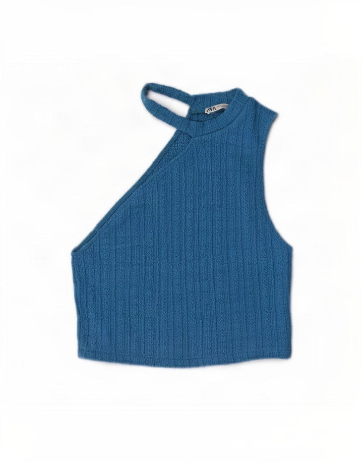 Zara Womens Knit Crop Off Ombro Top Reino Unido 12 Azul Médio