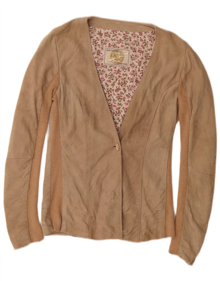 Jaqueta blazer feminina de camurça com 1 botão marca registrada Reino Unido 10 bloco colorido bege pequeno