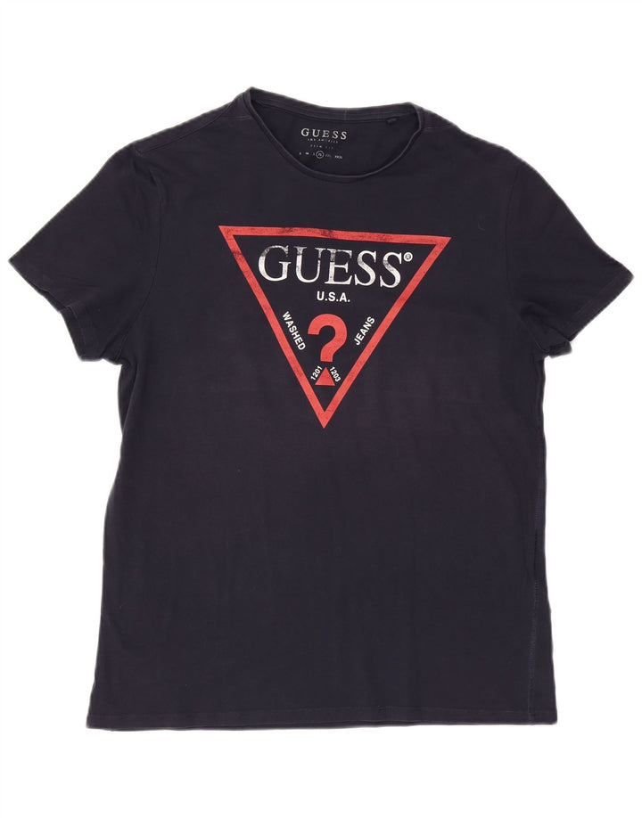 Guess Camiseta masculina gráfica grande algodão azul marinho