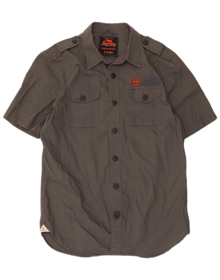 Camisa militar masculina de manga curta Superdry grande algodão cinza