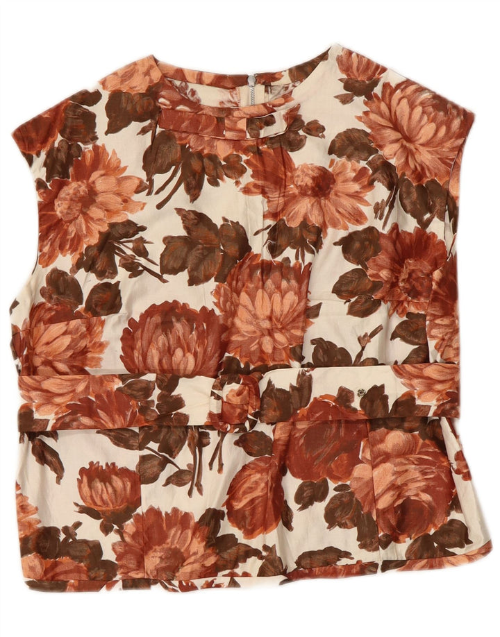 Blusa feminina VINTAGE sem mangas, UK 14, marrom médio floral