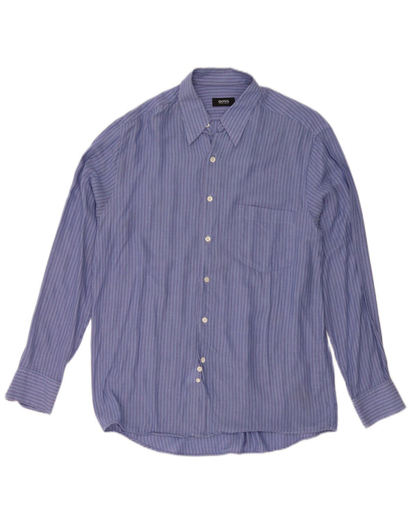 Camisa masculina Hugo Boss tamanho 40 médio azul listrado algodão clássico