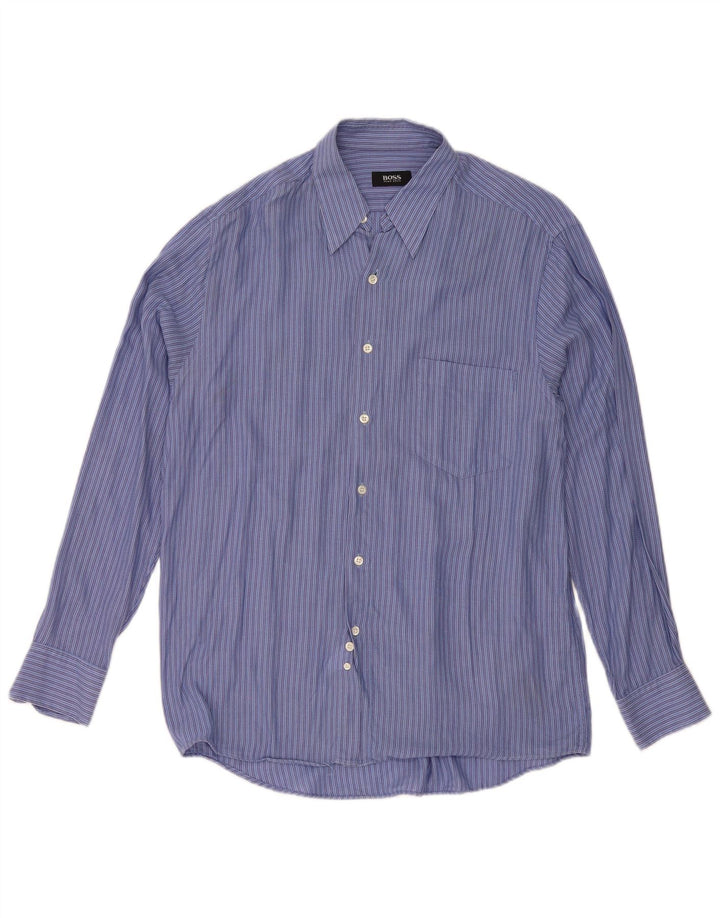 Camisa masculina Hugo Boss tamanho 40 médio azul listrado algodão clássico
