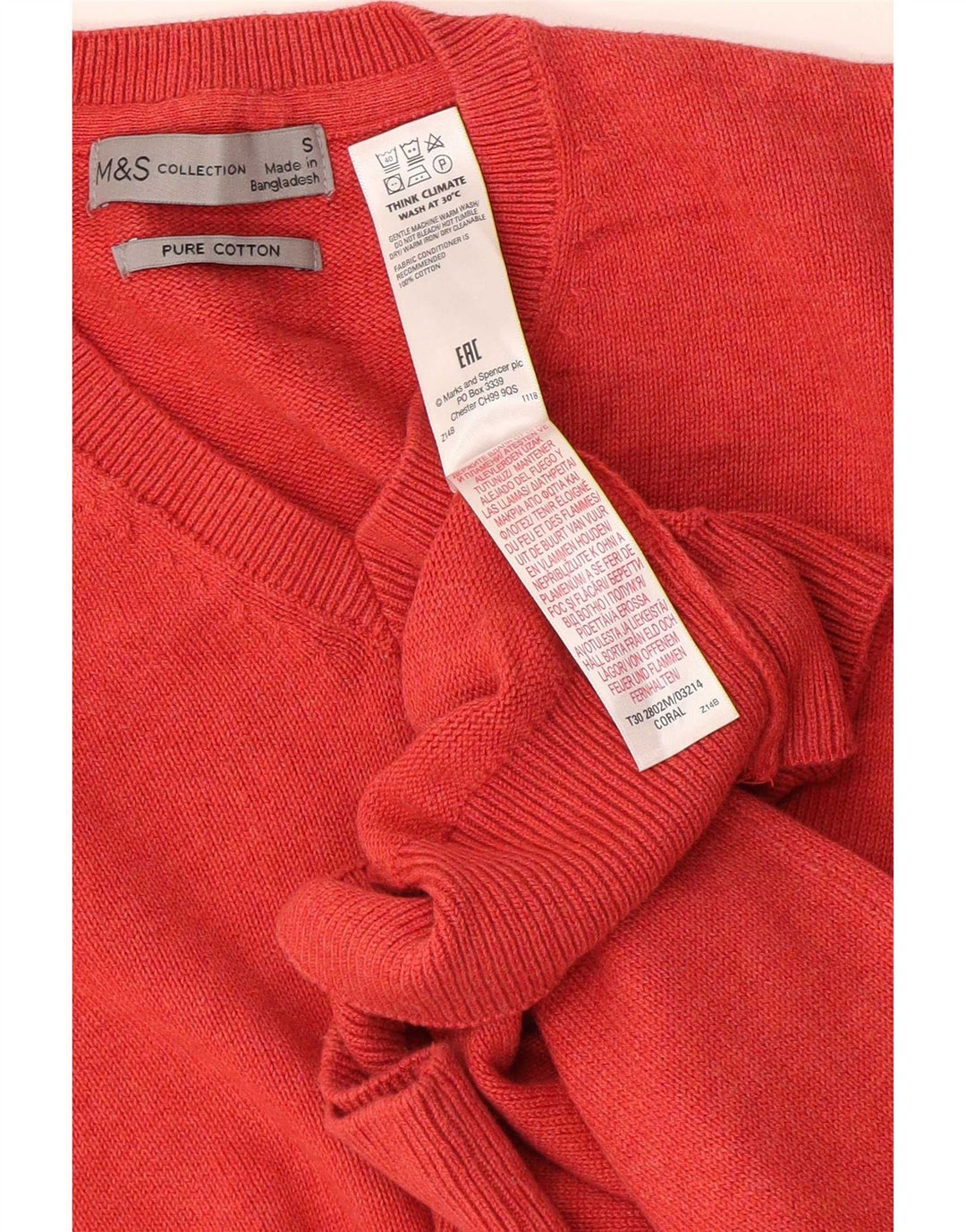 Suéter masculino Marks & Spencer com decote em V, pequeno, laranja, algodão