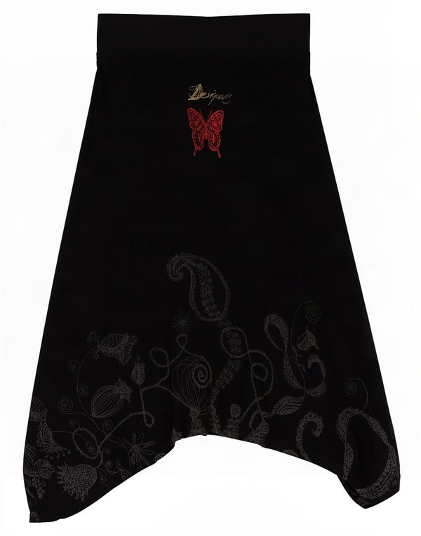 Desigual saia feminina gráfica assimétrica média W30 preta paisley viscose