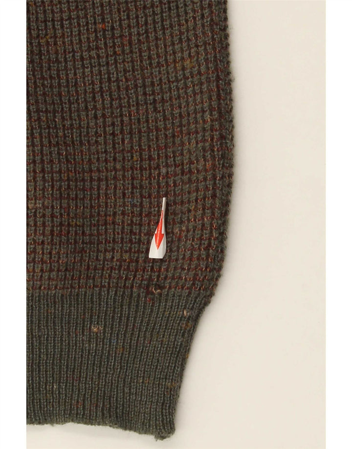 Suéter cardigã masculino vintage de lã manchada marrom médio
