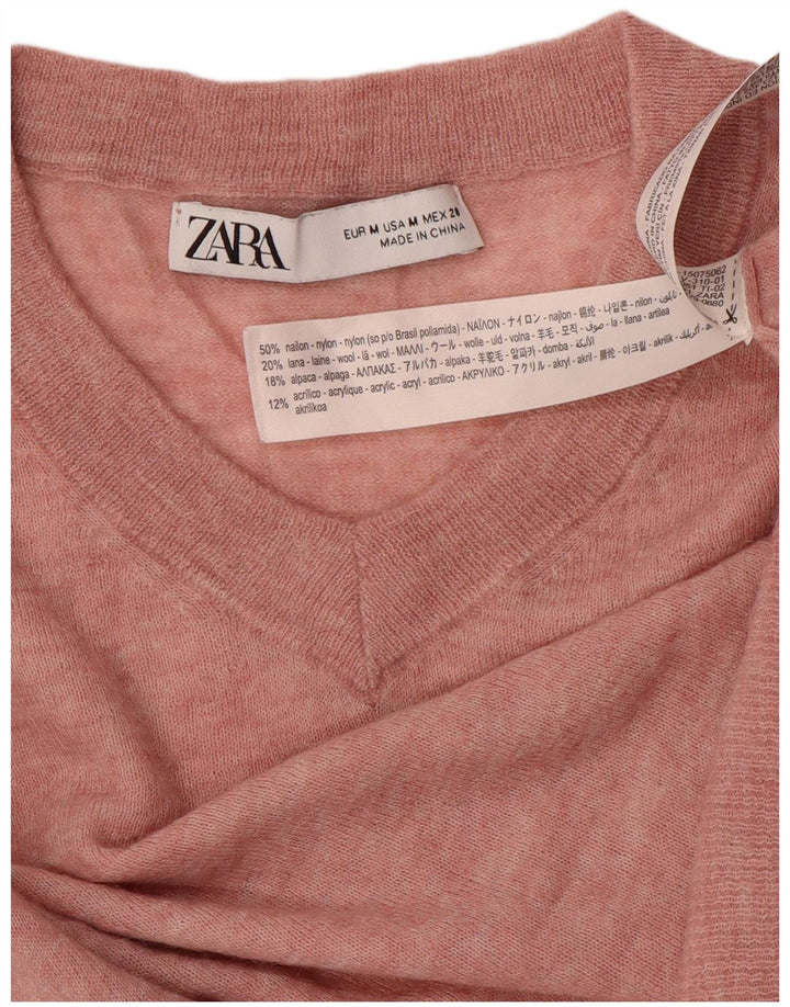 Suéter feminino ZARA com decote em V, Reino Unido 12, médio, rosa, nylon