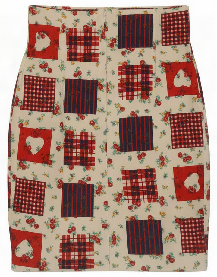Saia lápis feminina vintage pequena W26 algodão patchwork multicolorido