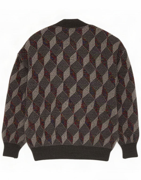 Suéter cardigã masculino vintage XL lã geométrica cinza