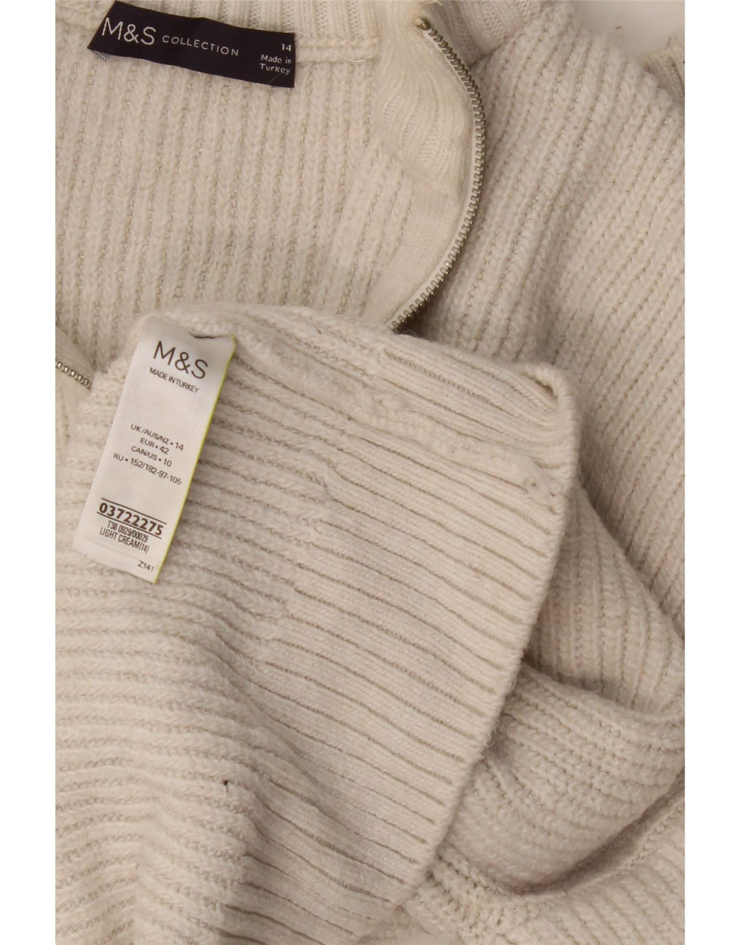 Suéter feminino Marks & Spencer com zíper e gola redonda Reino Unido 14 grande off white