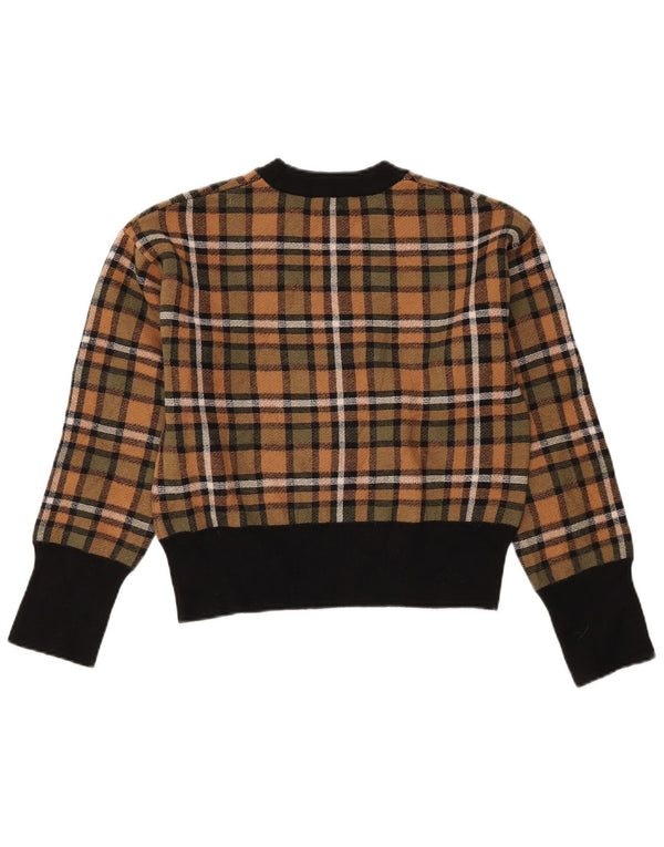 Zara Suéter feminino cropped com gola canoa Reino Unido 10 pequeno marrom xadrez viscose