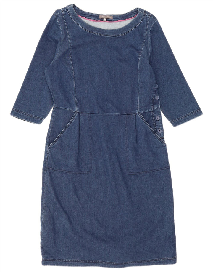 Vestido básico feminino Laura Ashley manga 3/4 Reino Unido 14 grande algodão azul