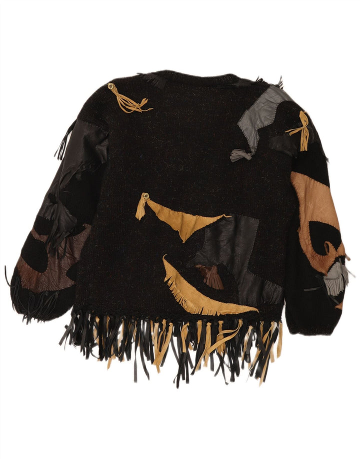 Suéter feminino vintage com gola canoa UK 14 patchwork preto médio