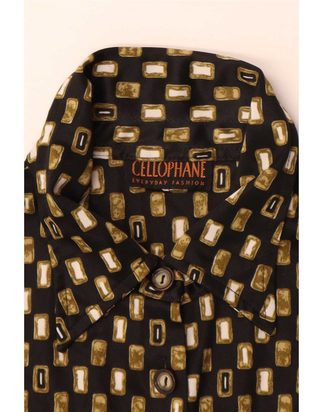 Camisa Celofane Feminina UK 16 Grande Geométrica Preta
