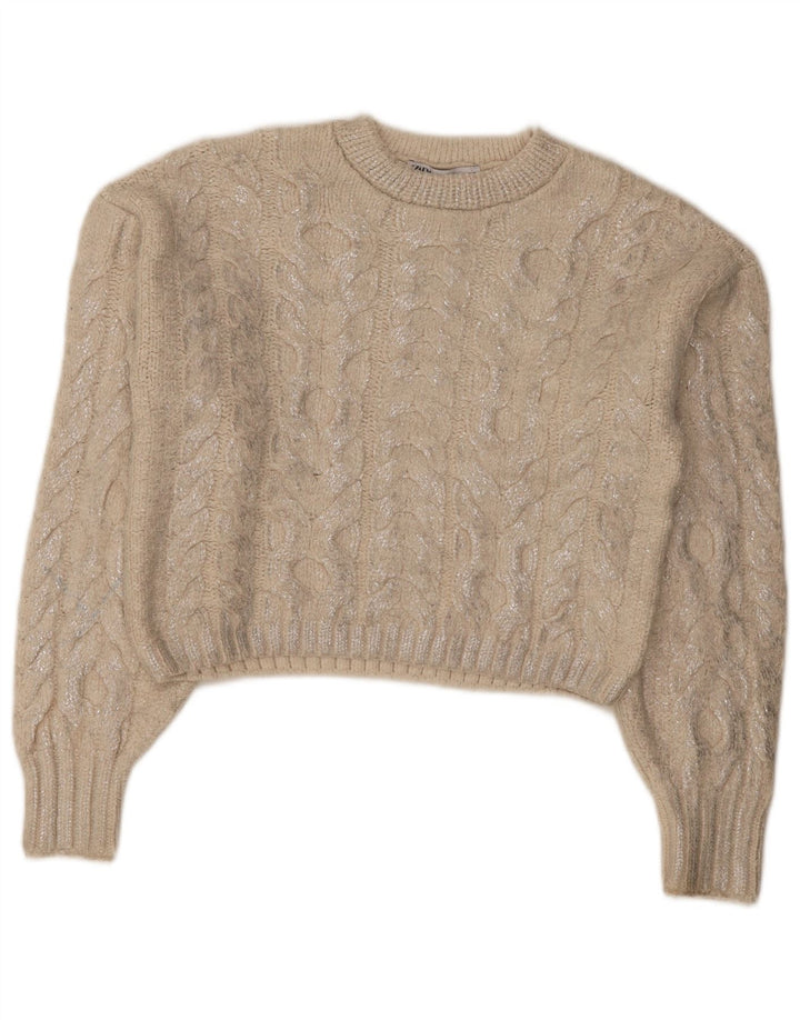 Suéter feminino Zara com gola redonda e gola redonda Reino Unido 14 médio bege