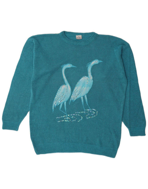 Suéter feminino vintage com gola canoa grande e grande Reino Unido 14 azul médio