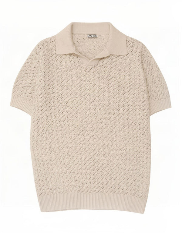 Zara Mens Short Sleeve Crochet Polo Neck Jumper Sweater Large Off White