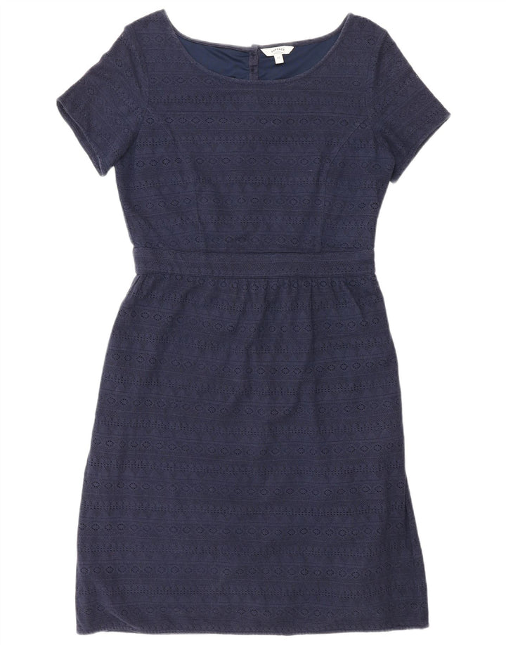 Vestido bainha feminino Fat Face Reino Unido 12 algodão geométrico azul marinho médio