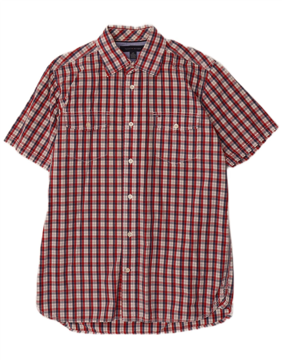 Tommy Hilfiger Camisa masculina de manga curta pequena vermelha xadrez algodão