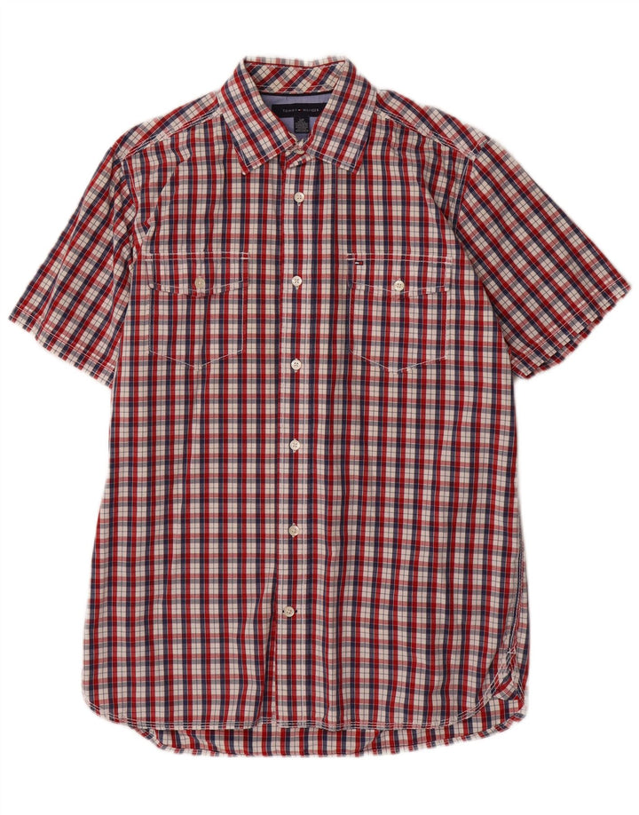 Tommy Hilfiger Camisa masculina de manga curta pequena vermelha xadrez algodão