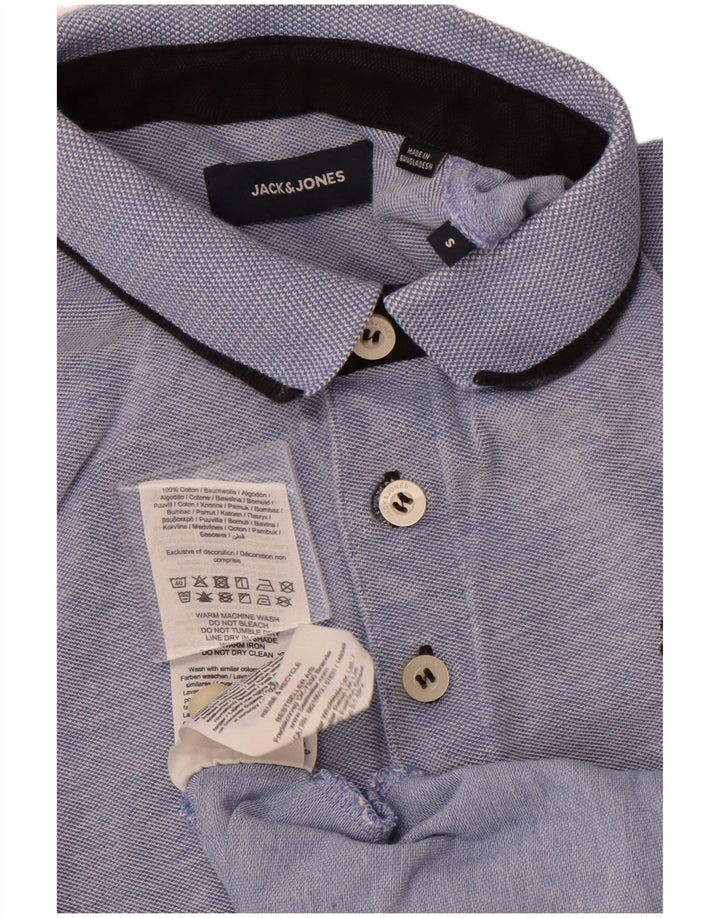 Camisa polo masculina JACK & JONES pequena de algodão manchado azul