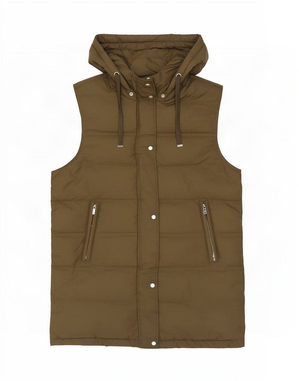 Zara Womens Longline Hooded Gilet UK 14 Medium Khaki Poliéster