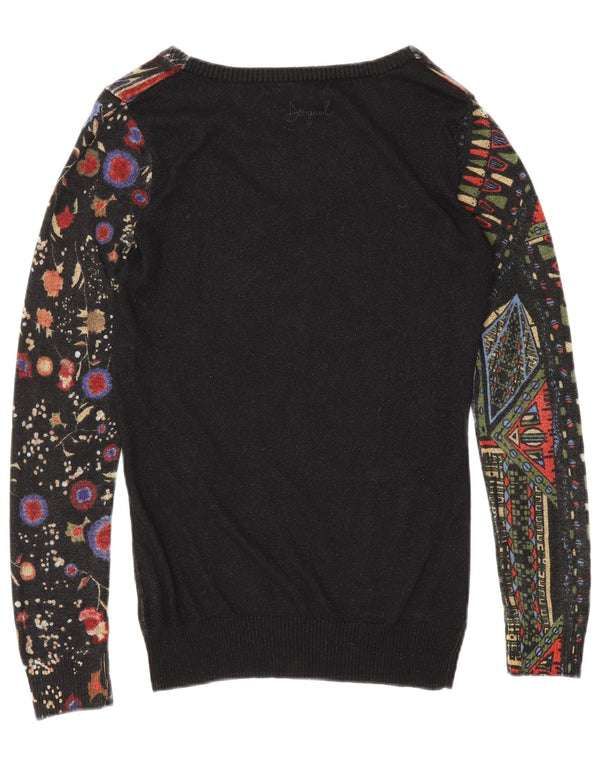 Suéter feminino Desigual com decote em V gráfico UK 10 pequeno viscose preta