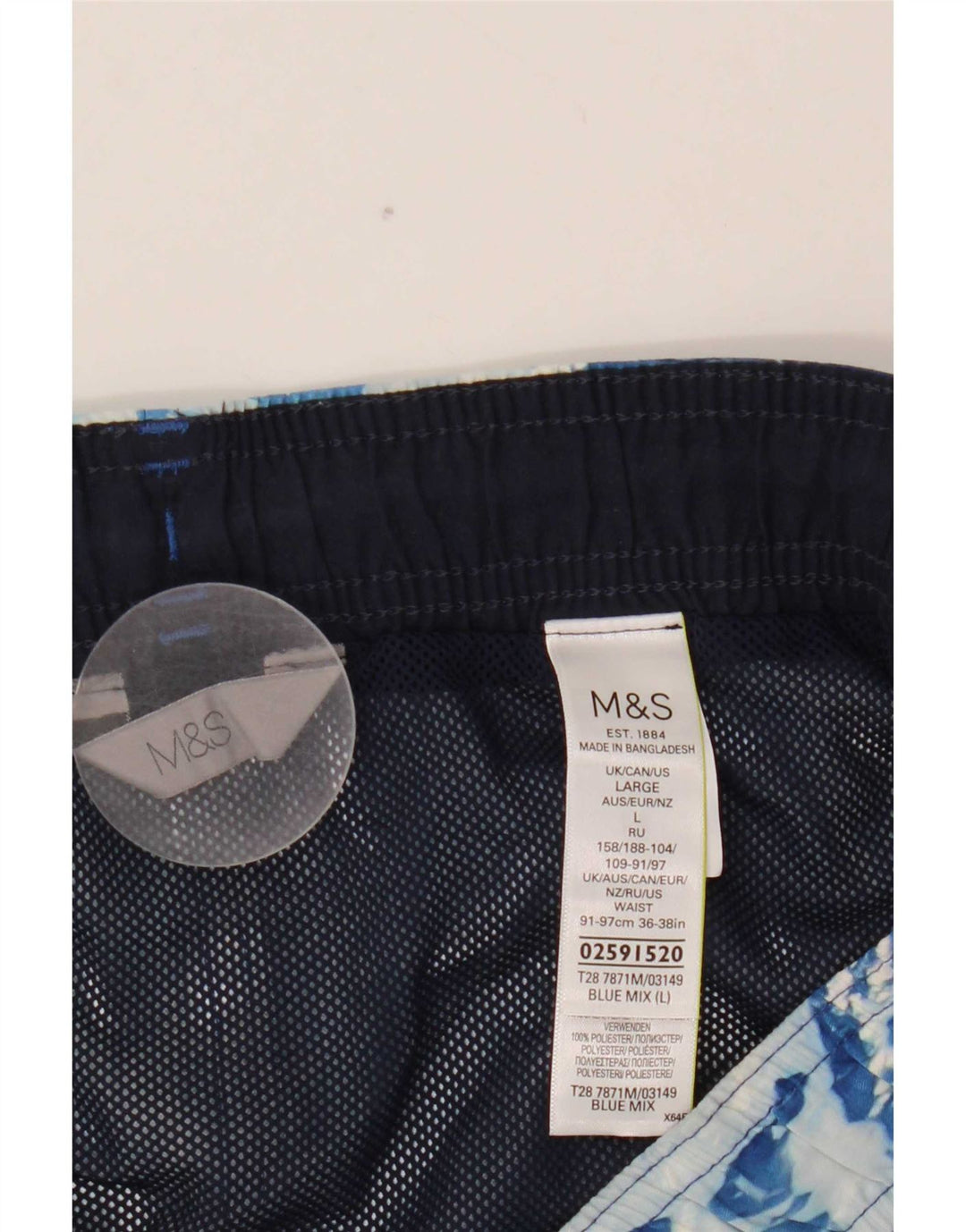 Shorts de natação masculino Marks & Spencer com padrão abstrato grande poliéster azul