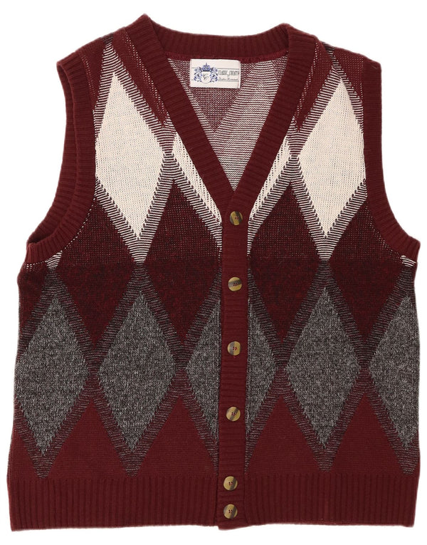 Suéter cardigã masculino vintage grande Borgonha Argyle/Diamante