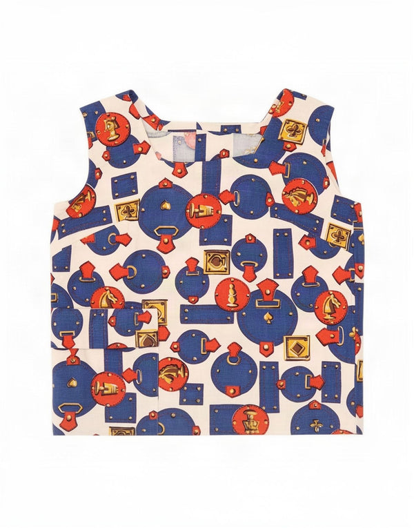 Blusa feminina vintage sem mangas UK 12 média multicolorida geométrica