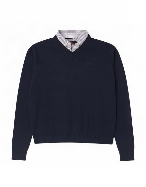 Suéter masculino Pierre Cardin com decote em V grande acrílico azul marinho