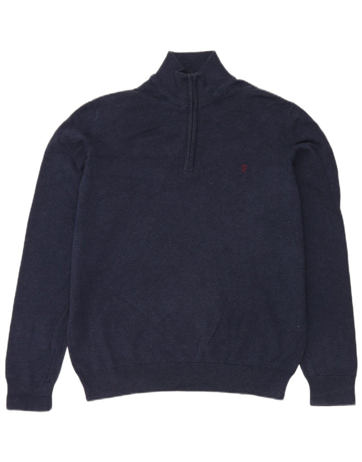 Suéter masculino Farah com zíper e gola grande de algodão azul marinho