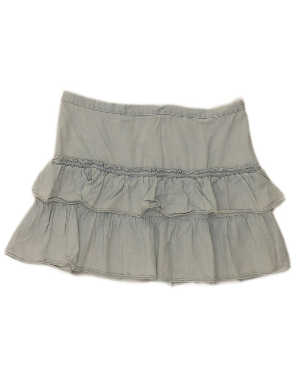 Mini saia jeans feminina French Connection com babados Reino Unido 12 médio W32 azul