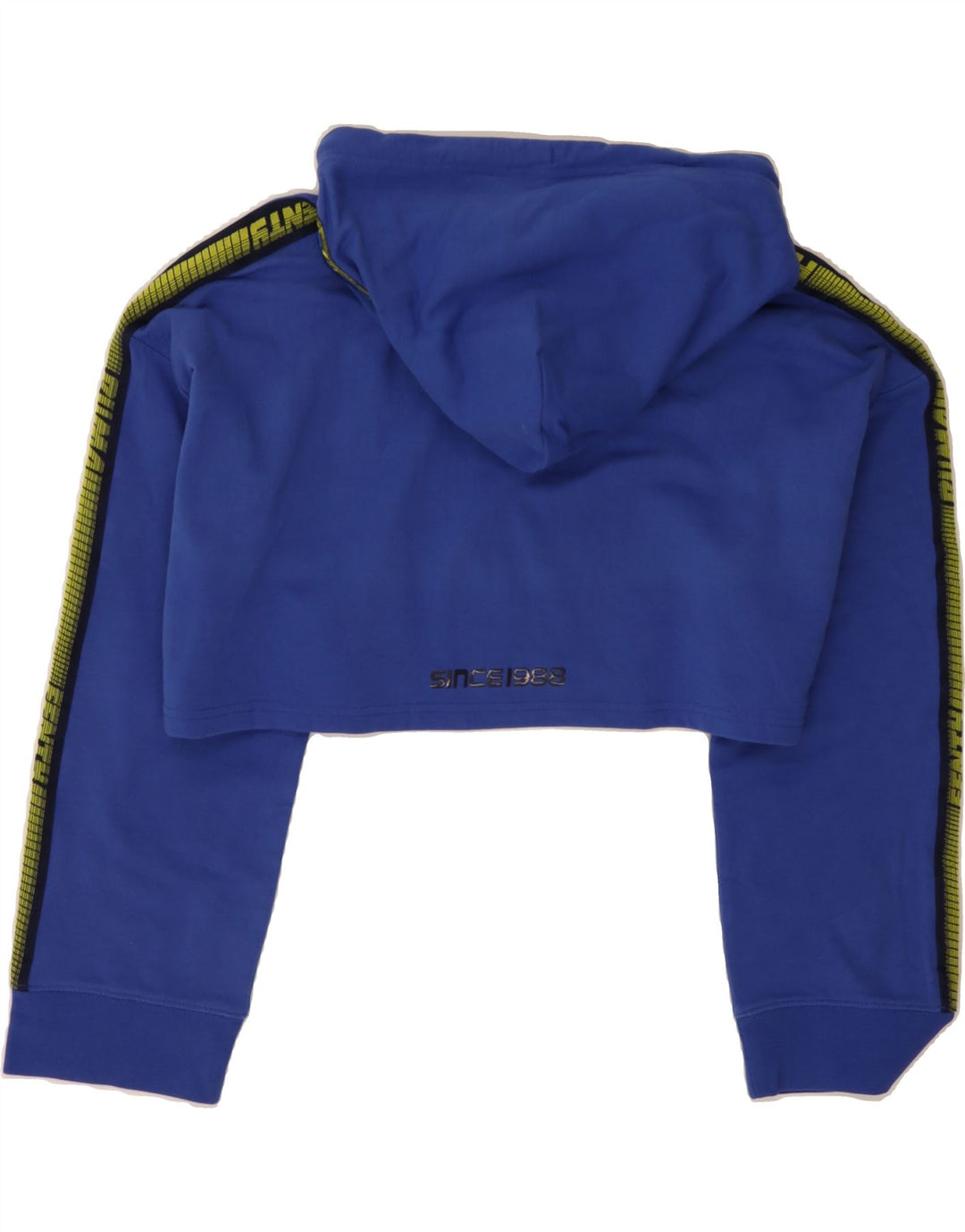 PUMA Womens Crop Graphic Hoodie Jumper UK 8 Small Blue Vintage Puma and Second-Hand Puma from Messina Hembry 