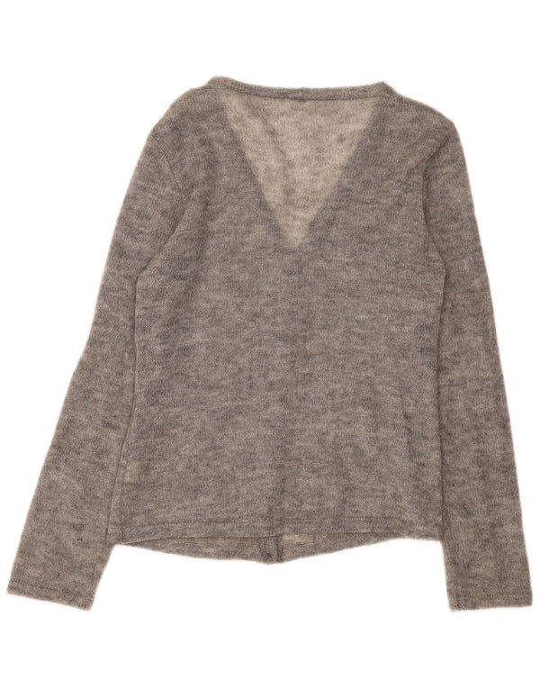 Suéter cardigã feminino vintage Reino Unido 16 grande elastano manchado cinza