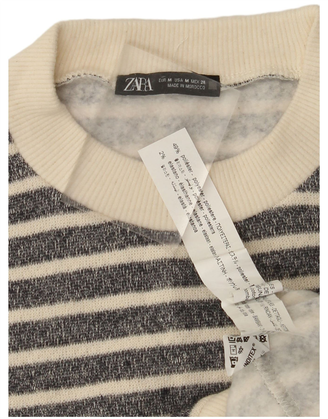 Suéter feminino ZARA com gola redonda e poliéster listrado preto médio UK 14