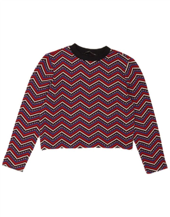 Zara Top curto feminino manga comprida Reino Unido 12 médio multicolorido Chevron