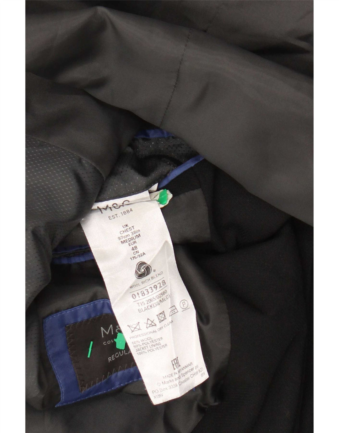 Jaqueta blazer masculina de 2 botões Marks & Spencer Reino Unido 38 médio preto lã nova