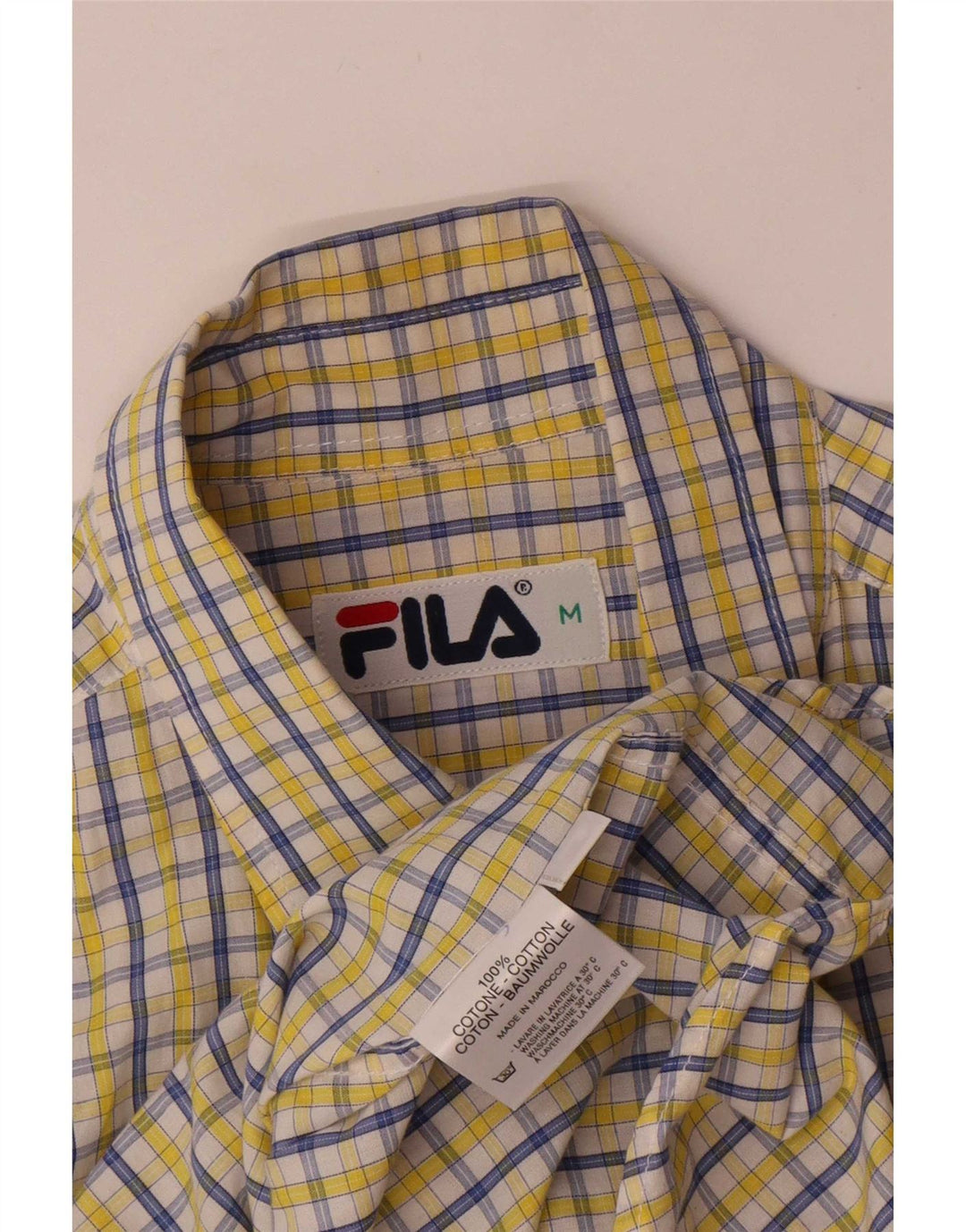 Fila Camisa masculina de manga curta de algodão xadrez amarelo médio