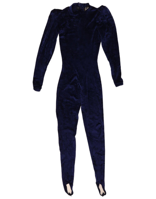 Macacão feminino vintage em veludo com estribo UK 6 XS azul marinho poliamida